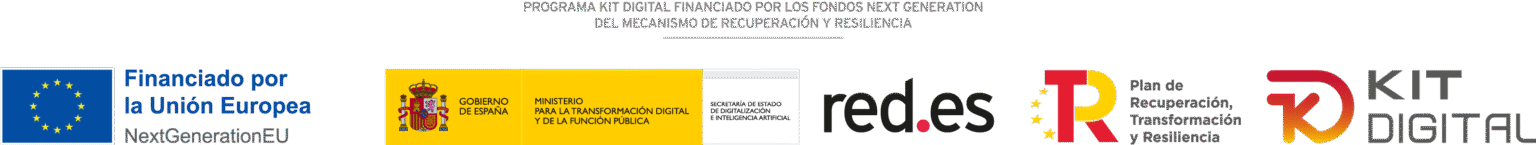 Programa Kit Digital financiado por los fondos Next Generation del Mecanismo de Recuperación y Resiliencia. Logotipos: Financiado por la Unión Europea – NextGenerationEU; Gobierno de España, Ministerio para la Transformación Digital y de la Función Pública; Red.es; Plan de Recuperación, Transformación y Resiliencia; Kit Digital.