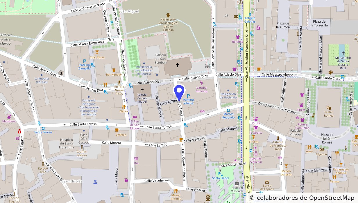 Mapa de situación de Sercrisma International en la calle Lorenzo Pausa, en el centro de Murcia, entre la calle Acisclo Díaz y la calle Santa Teresa, junto a la iglesia de San Miguel.